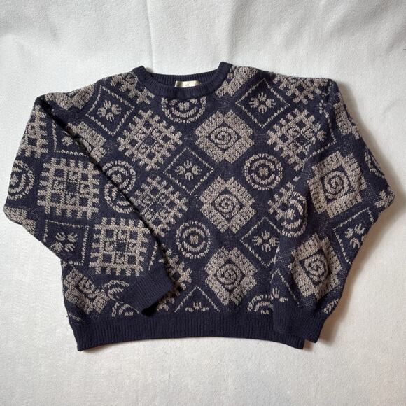 VTG 90s Territory Ahead Grandpa Knit Wool Blend Geometric Sweater XL Hong Kong - Picture 9 of 10